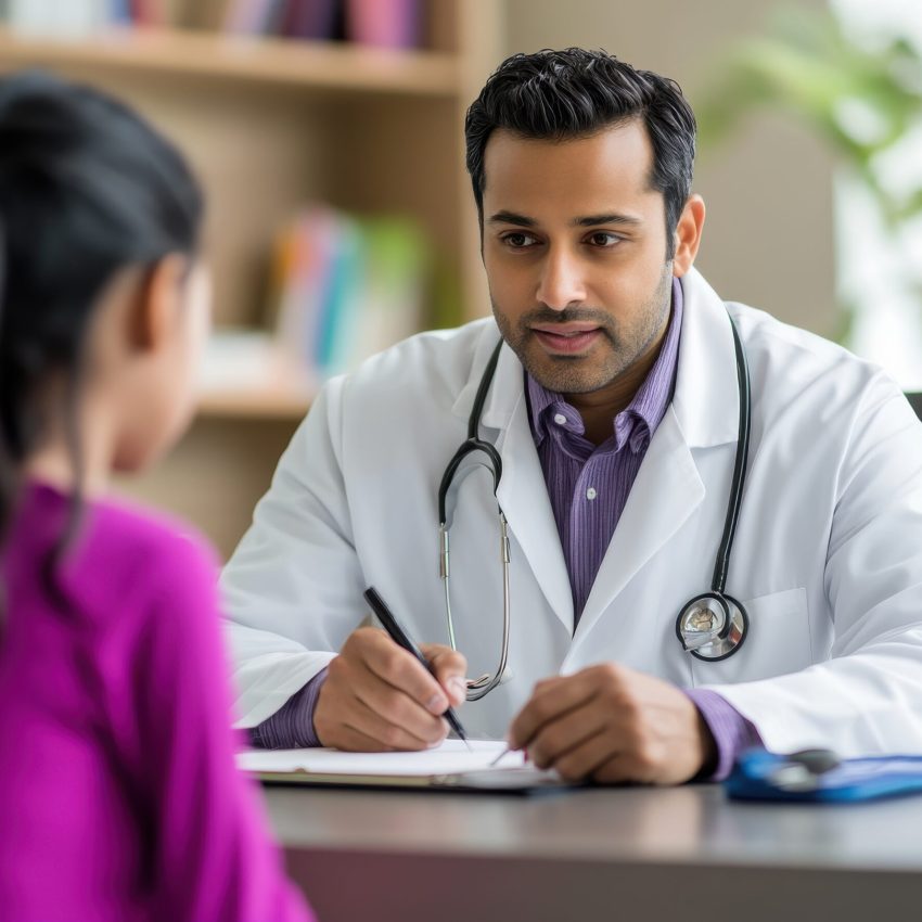 doctor in a white coat, sitting at his desk and talking to his female patient